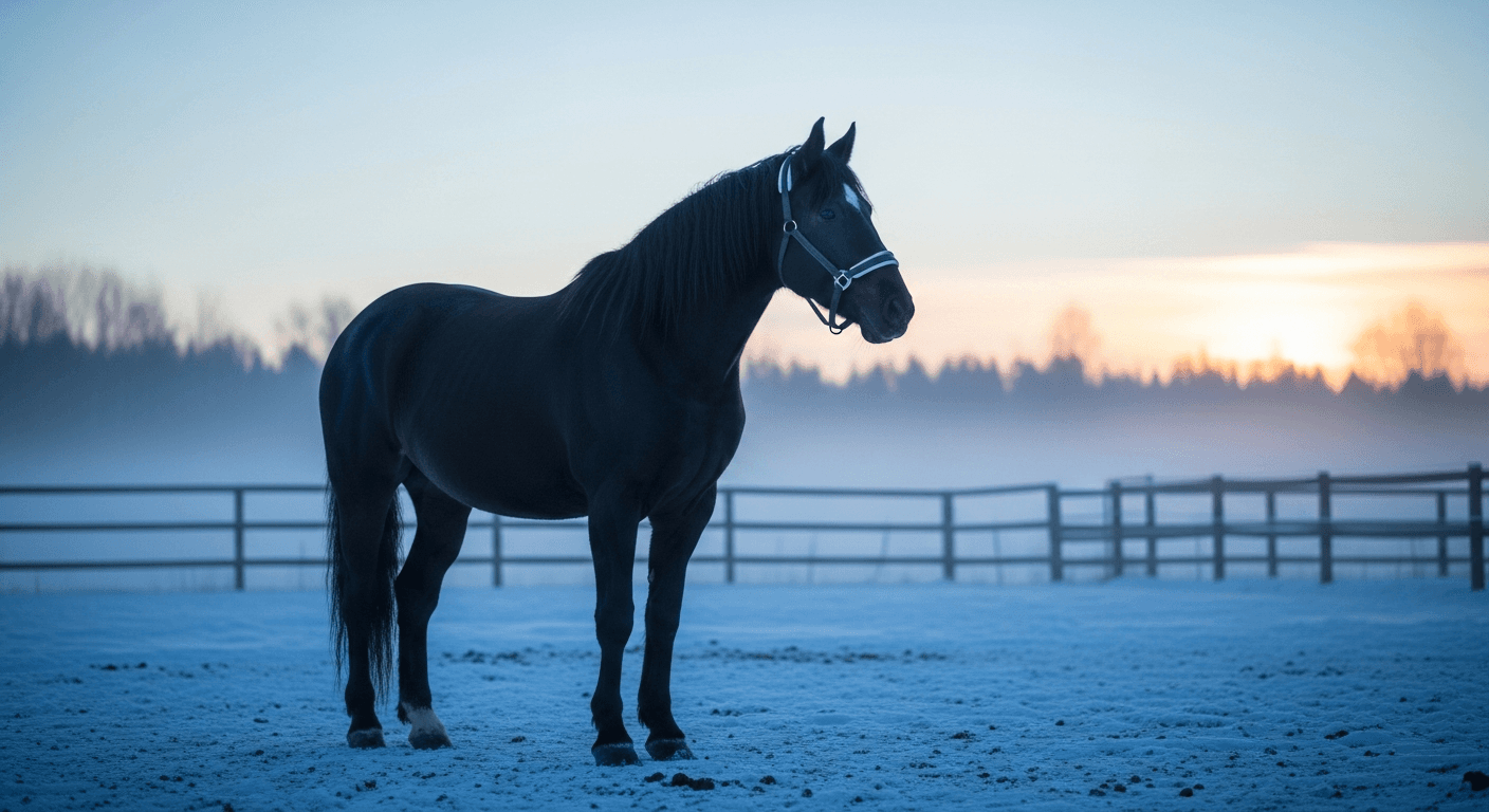Schwarzes Pferd im verschneiten Paddock bei Morgendämmerung