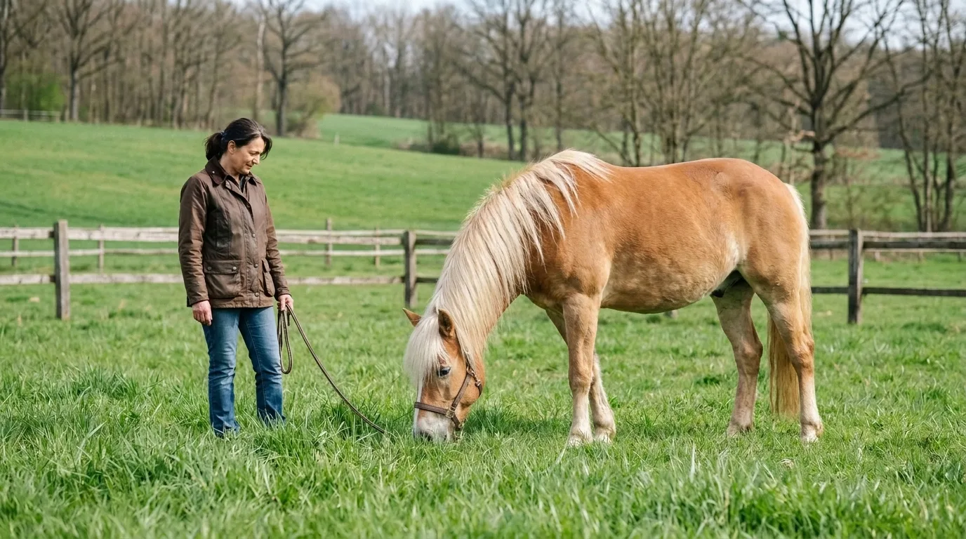Frau hält einen Haflinger am Strick, der auf der Frühjahrsweide im hohen Gras grast