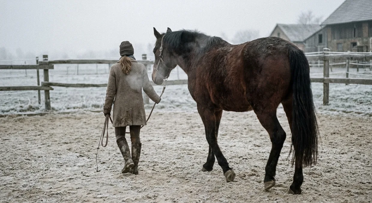Frau führt einen braunen Wallach im dicken Winterfell über den bereiften Reitplatz, beide mit sichtbarem Atem