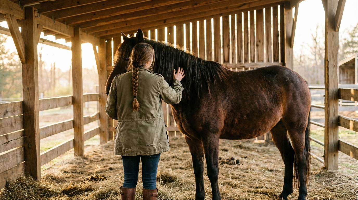 Frau von hinten mit ihrem Pferd im Offenstall