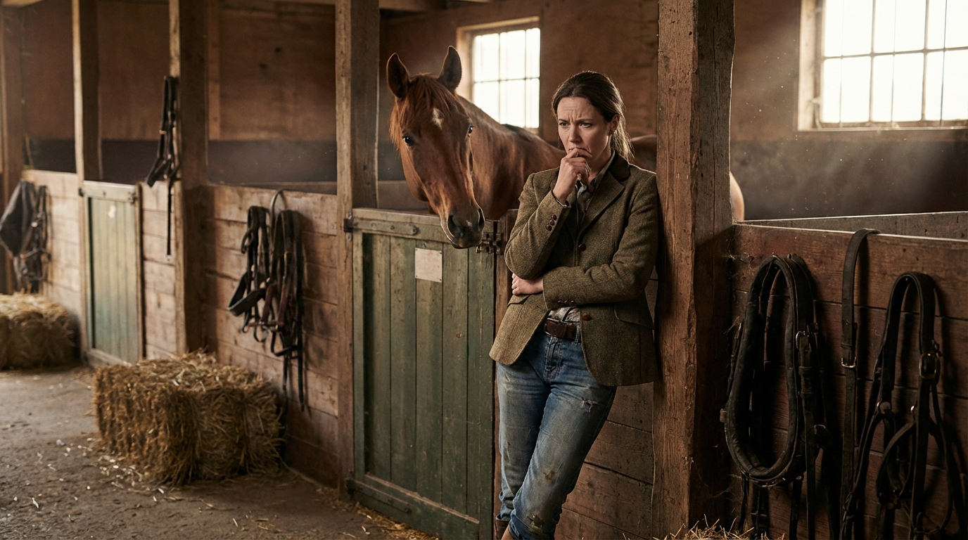Frau nachdenklich im Stall, Pferd beobachtet sie