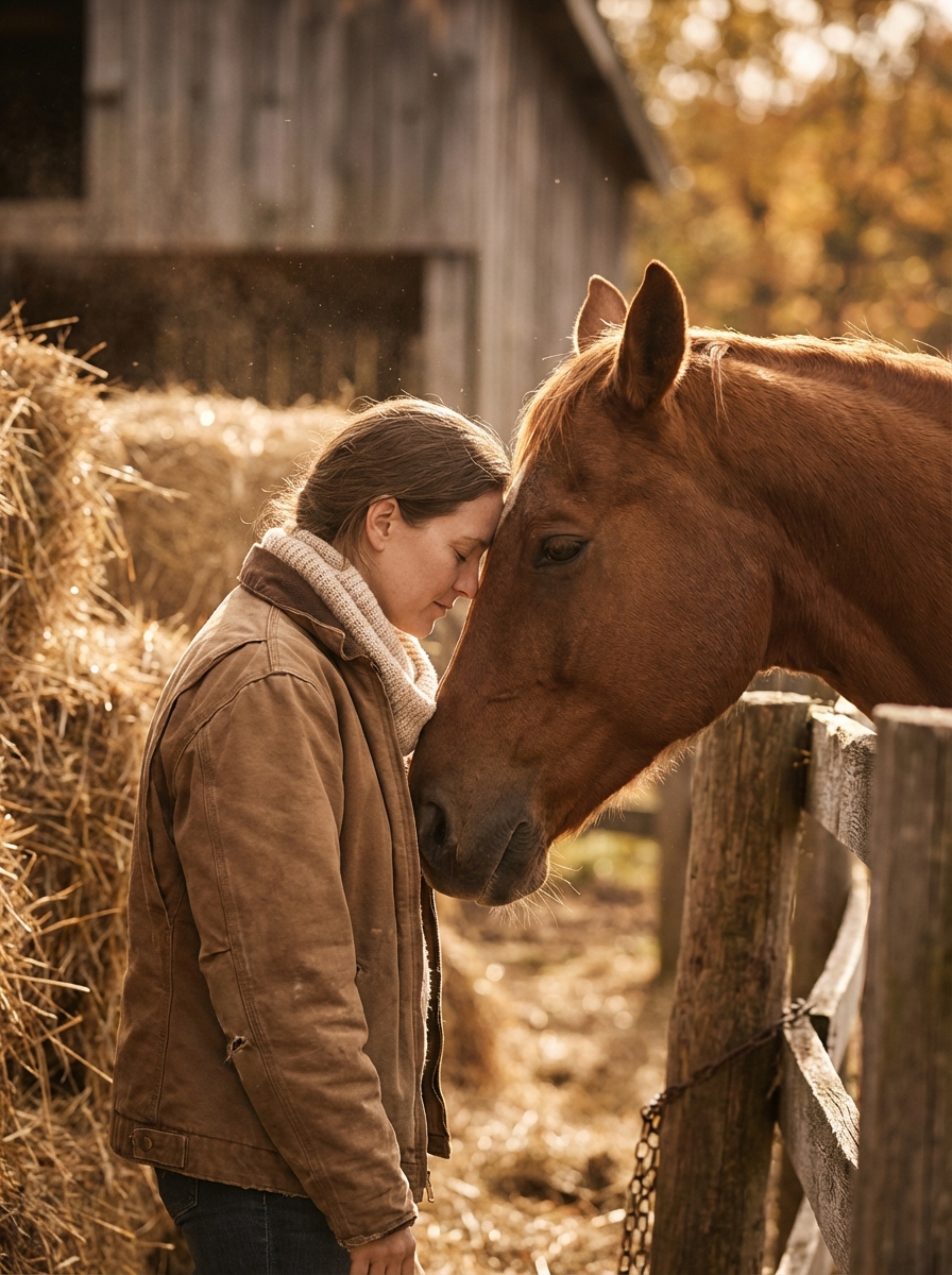 Frau und Pferd Stirn an Stirn, goldenes Licht