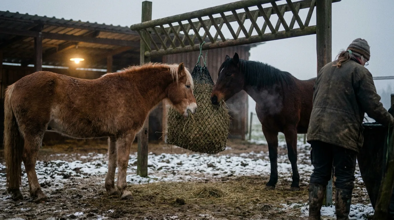 Haflinger und dunkelbraunes Pferd fressen abends nebeneinander aus einem Heunetz im Offenstall, Schnee am Boden