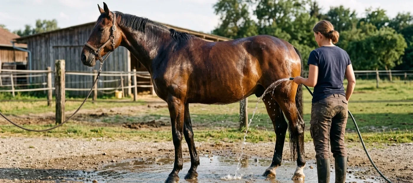Frau kühlt ihr Pferd am Waschplatz mit dem Wasserschlauch, beginnend an der Hinterhand