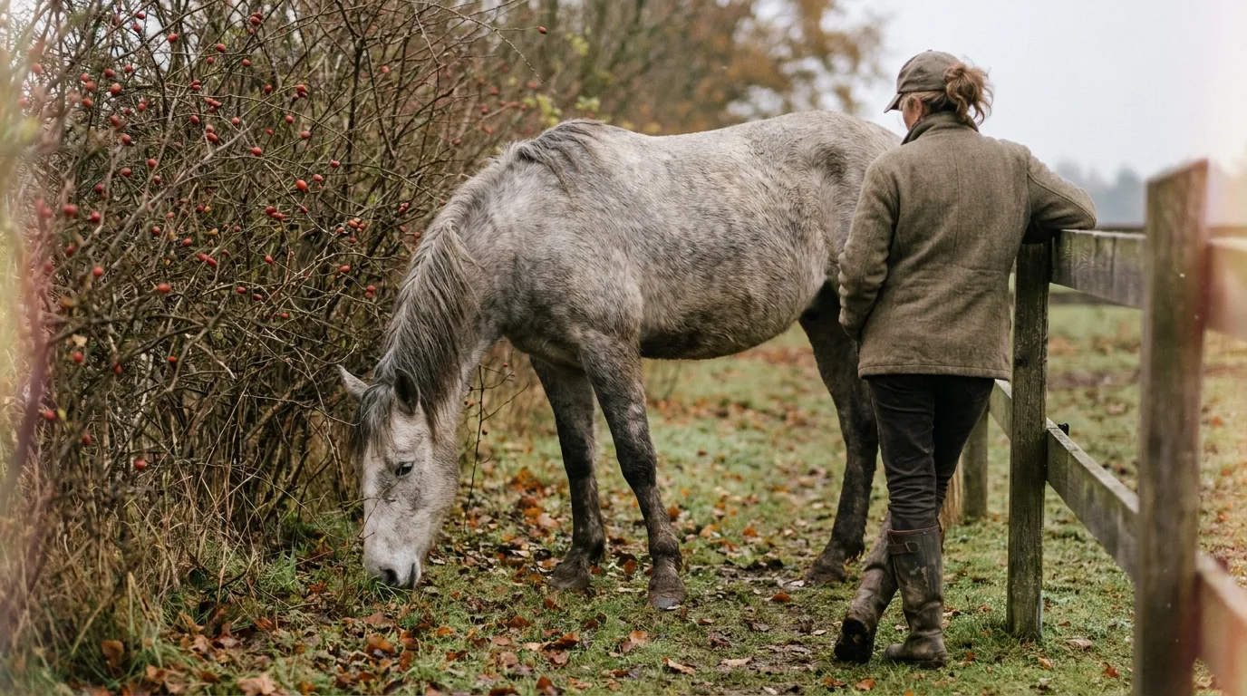 Schimmel grast im Herbst an einer Hecke voller Hagebutten, eine Frau lehnt am Zaun und schaut zu