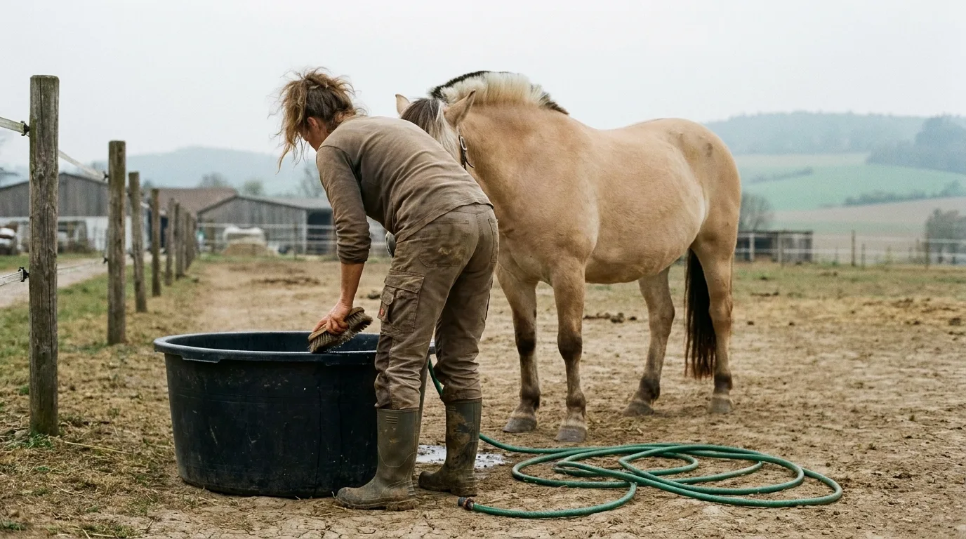 Frau schrubbt im Sommer einen schwarzen Wasserbottich auf dem Paddock, daneben wartet ein Fjordpferd