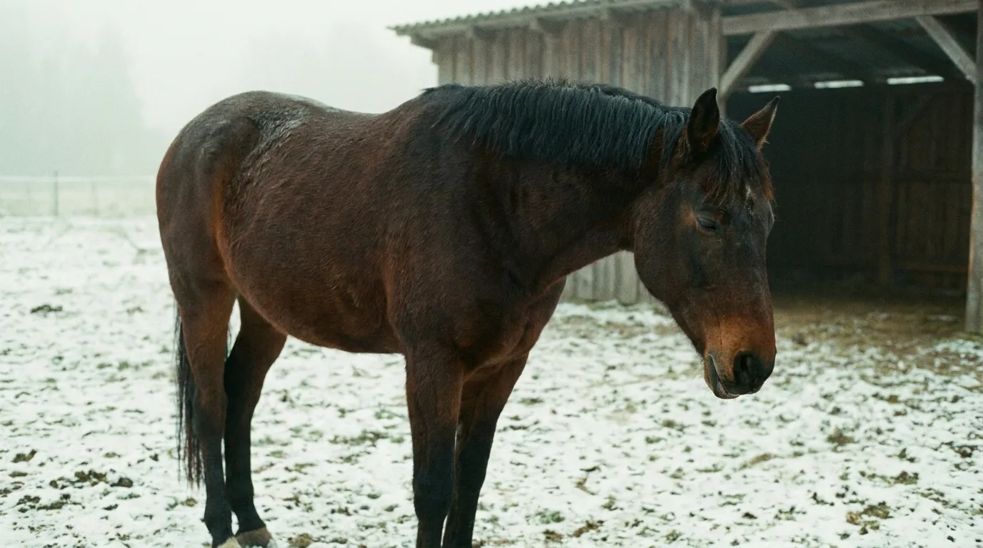 Dunkelbraunes Pferd döst im verschneiten Paddock, Reif auf dem Winterfell, Unterlippe hängt